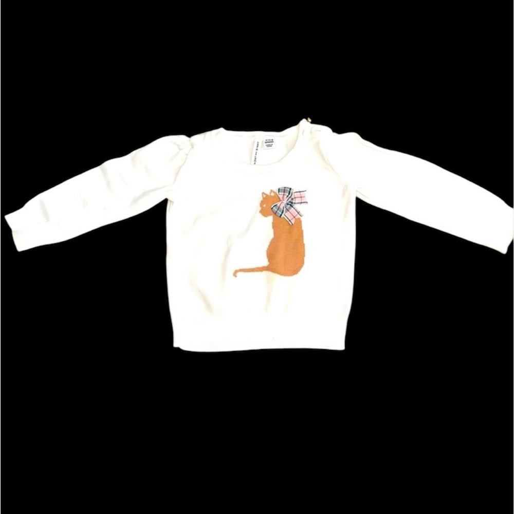 Janie & Jack Cat Sweater 12-18M – Ivory Knit with Plaid Bow 🎀